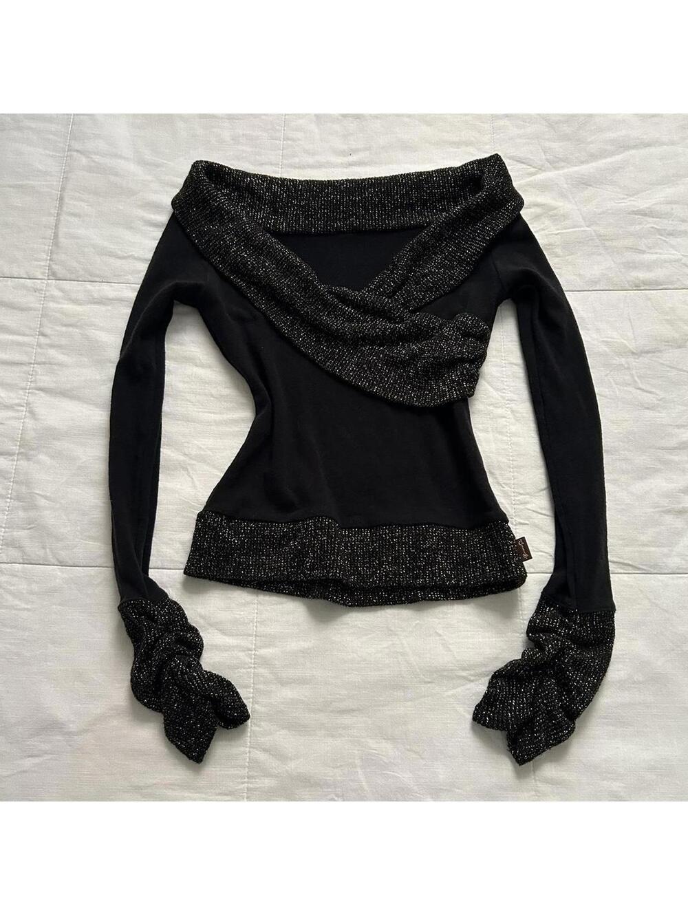 d.i.a. Black Gold Tinsel Knit Cross Front Sweater Gyaru Y2K Size S Japan